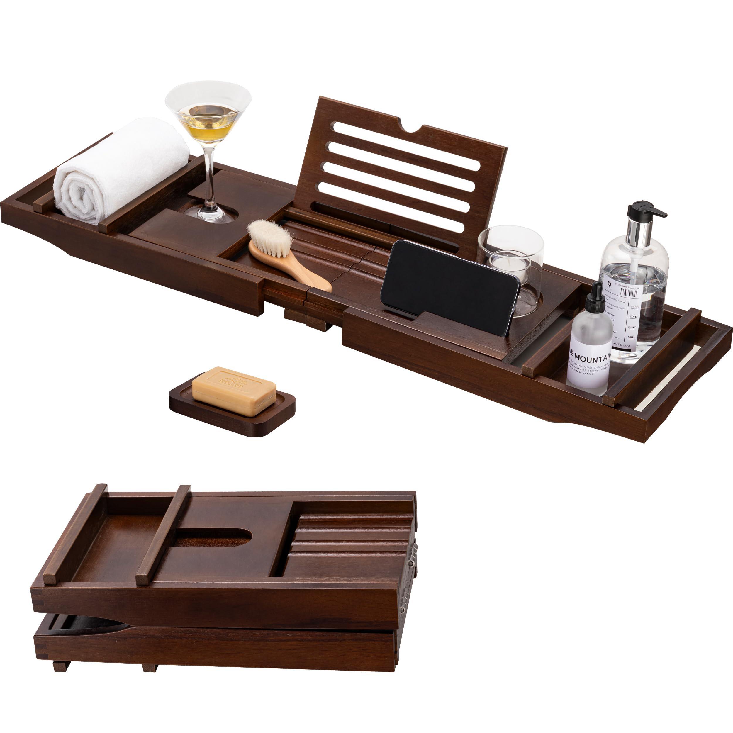 Rebrilliant Teak Bathtub Caddy Tray Foldable Bath Table Tray With Book